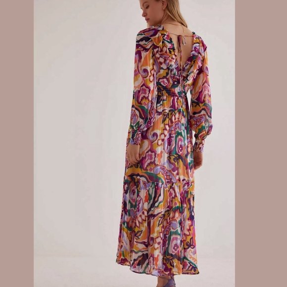 Anthropologie The Odetta Ruffled V-Neck Long-Sleeve Midi Dress NWT - Picture 4 of 9